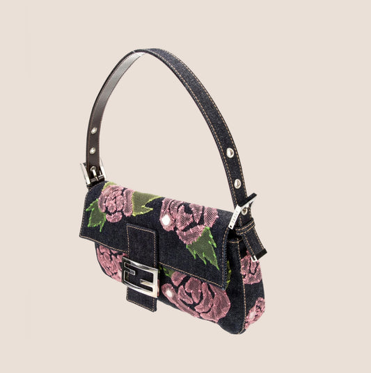 FENDI DENIM FLORAL EMBELLISHED BAGUETTE BAG