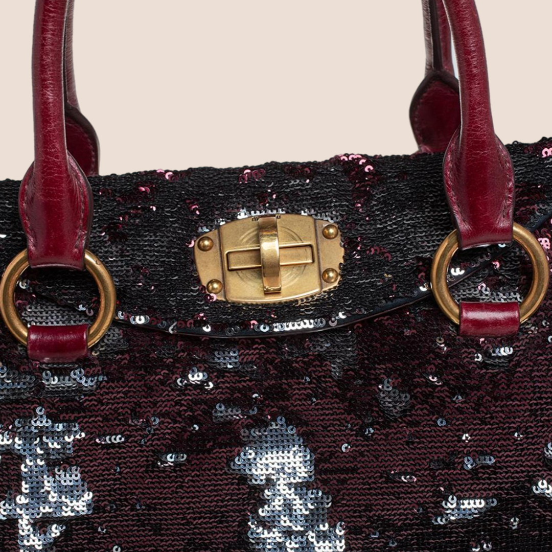 MIU MIU BURGUNDY SILVER SEQUIN LEATHER TURNLOCK SHOULDER BAG