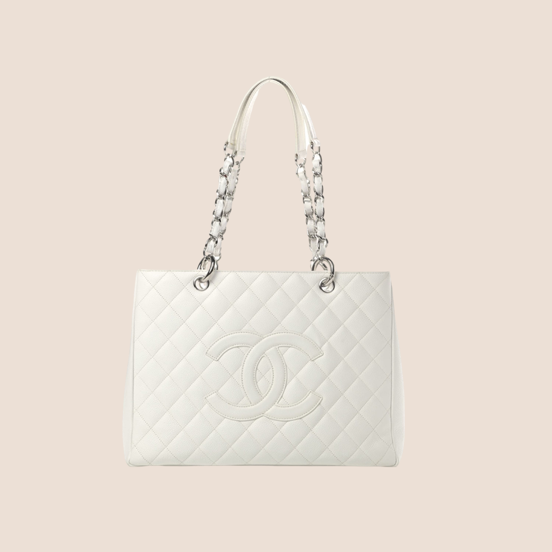 CHANEL WHITE CAVIAR LEATHER SHOPPING TOTE