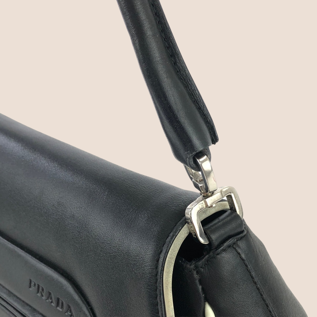 PRADA BLACK LEATHER EMBOSSED SHOULDER BAG