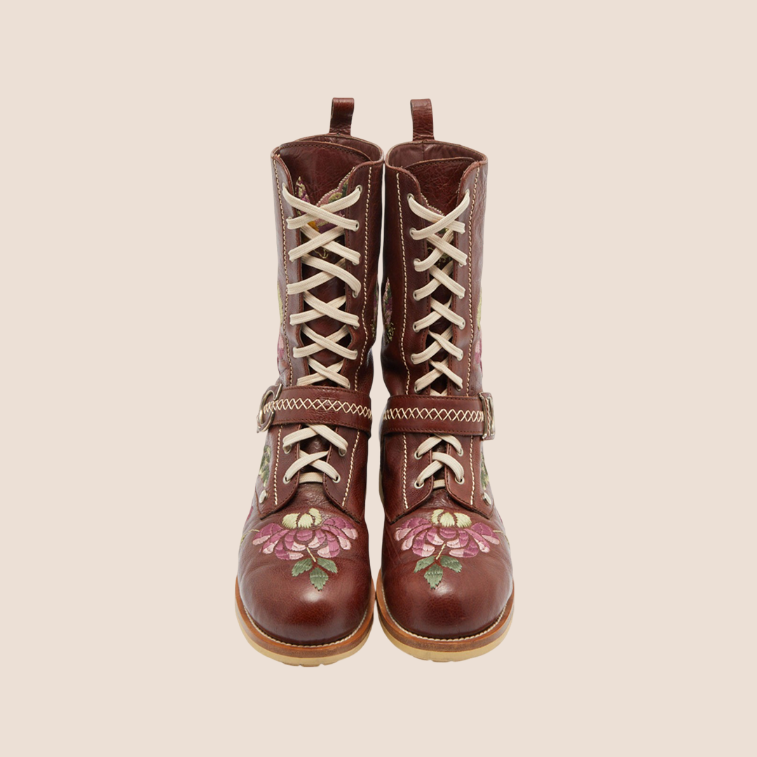 CHRISTIAN DIOR BROWN FLORAL & BUTTERFLY EMBROIDERED COMBAT BOOTS