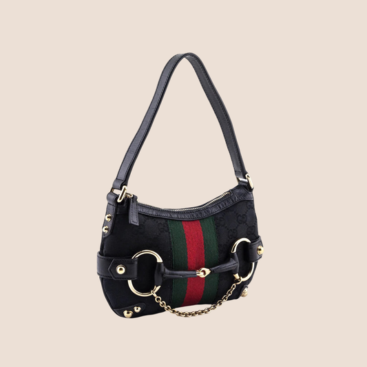 GUCCI BLACK GG MONOGRAM MINI HORSEBIT PURSE