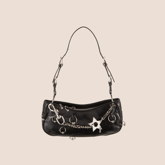 CHRISTIAN DIOR 2004 BLACK LEATHER PIERCED HARDCORE SHOULDER BAG