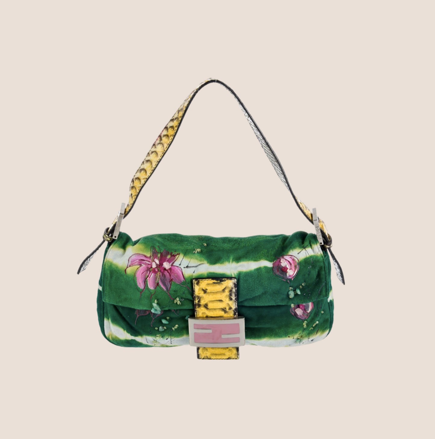 FENDI GREEN PYTHON TRIM FLORAL PAINTED BAGUETTE BAG