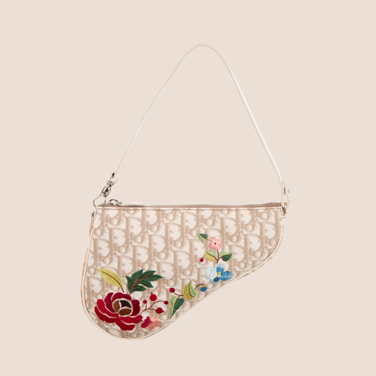 CHRISTIAN DIOR BEIGE EMBROIDERED FLOWERS SADDLE BAG