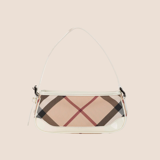 BURBERRY NOVA CHECK WHITE PATENT LEATHER SHOULDER BAG