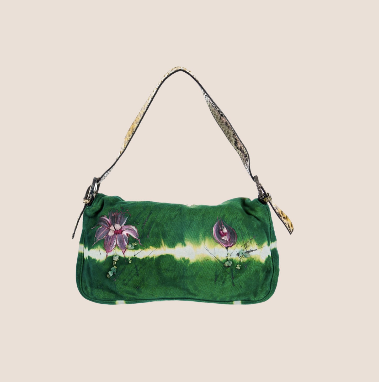 FENDI GREEN PYTHON TRIM FLORAL PAINTED BAGUETTE BAG