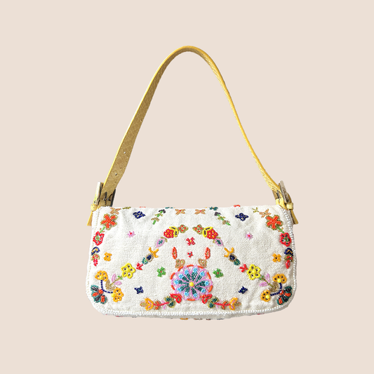 FENDI CREAM FLORAL BEADED BAGUETTE  BAG