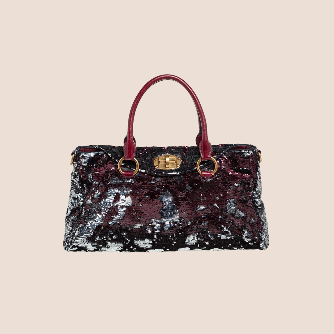 MIU MIU BURGUNDY SILVER SEQUIN LEATHER TURNLOCK SHOULDER BAG