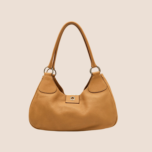 PRADA COGNAC BROWN LEATHER BUCKLE MOON BAG