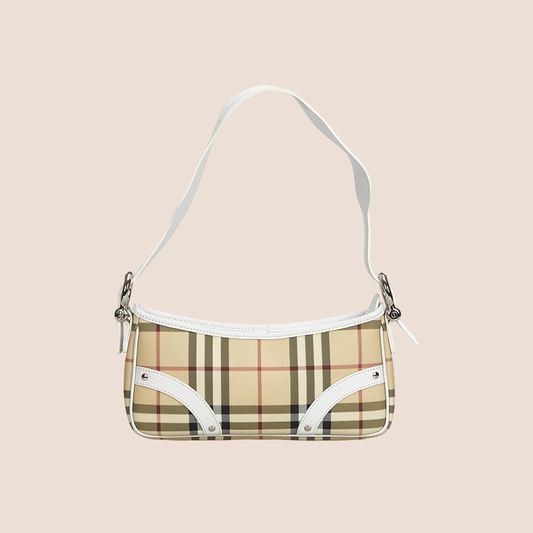 BURBERRY 90s LEATHER-TRIMMED NOVA CHECK MINI BAGUETTE BAG