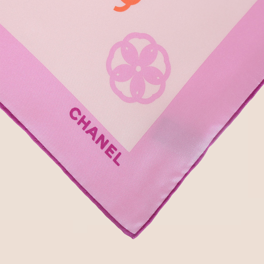 CHANEL CC ROSE PINK LOGO FLOWERS SILK SCARF