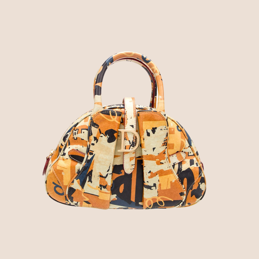 CHRISTIAN DIOR 2001 ORANGE PRINTED DOUBLE SADDLE BOWLER BAG