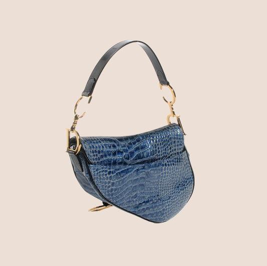 CHRISTIAN DIOR BLUE CALFSKIN CROCODILE EMBOSSED SADDLE BAG