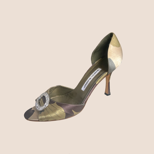 MANOLO BLAHNIK SATIN CAMOUFLAGE D'ORSAY PEEP TOE PUMPS