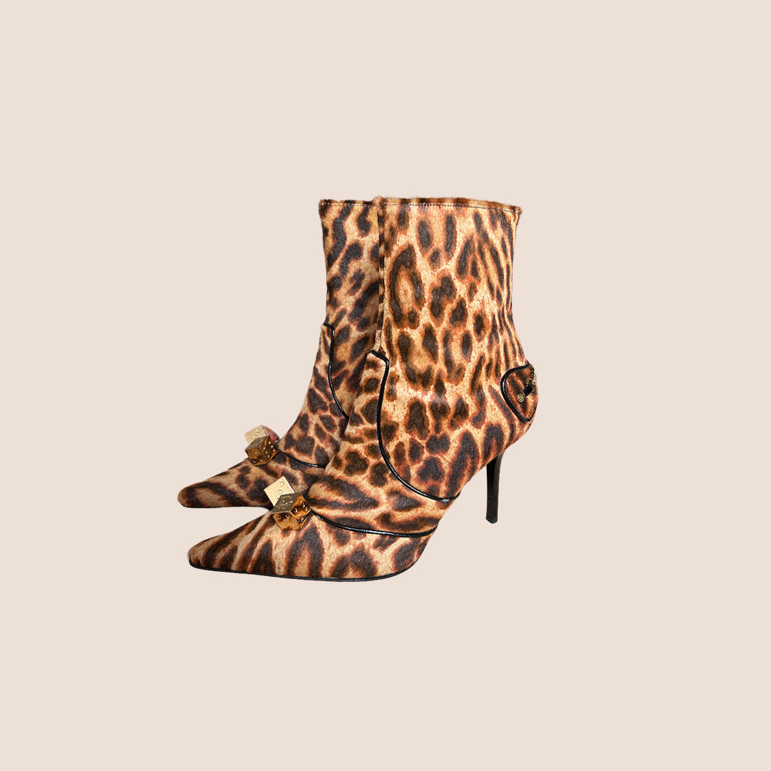 CHRISTIAN DIOR 2004 DICE LEOPARD PRINT BOOTS