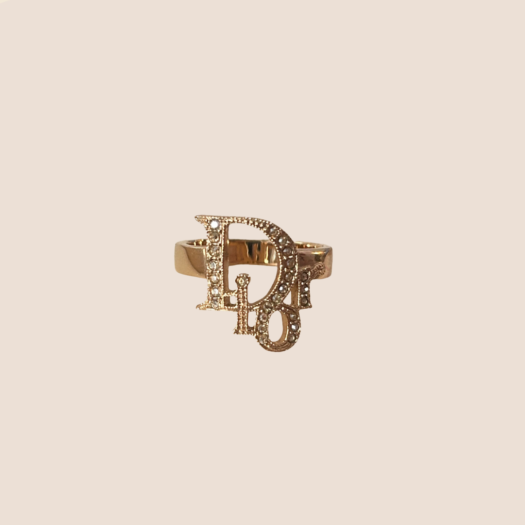 CHRISTIAN DIOR GOLD RHINESTONE MONOGRAM RING