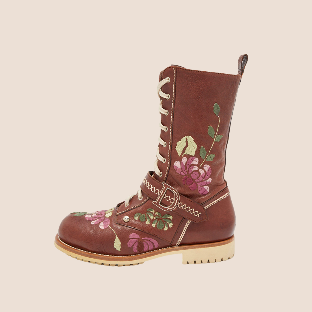 CHRISTIAN DIOR BROWN FLORAL & BUTTERFLY EMBROIDERED COMBAT BOOTS