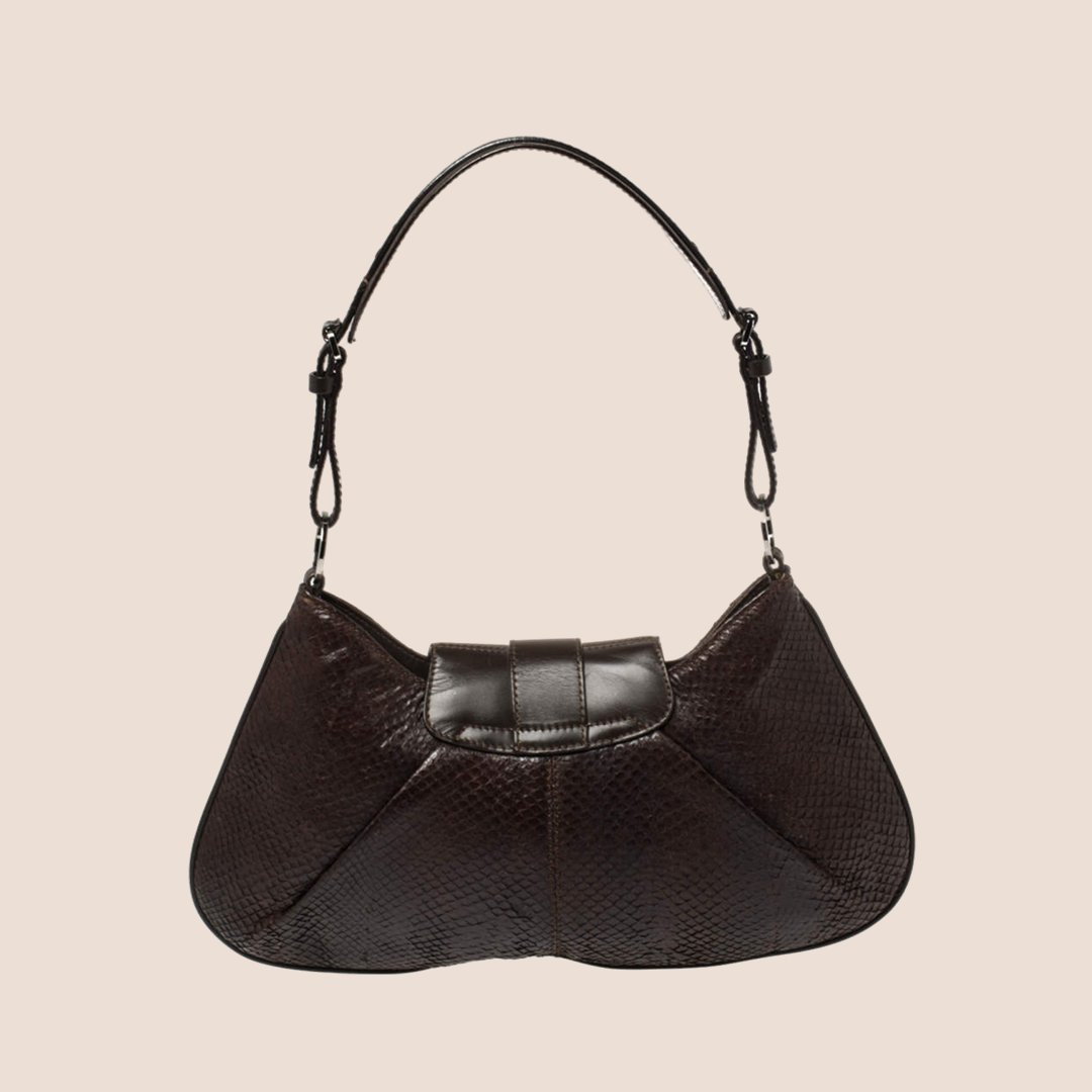 CHRISTIAN DIOR DARK BROWN SNAKESKIN BUCKLE HOBO BAG