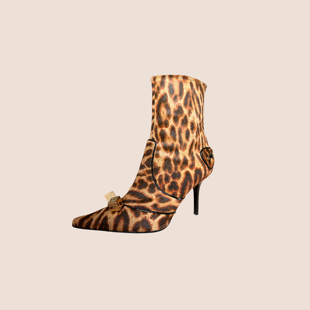 CHRISTIAN DIOR 2004 DICE LEOPARD PRINT BOOTS