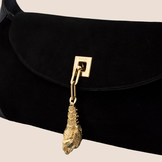 GUCCI  BLACK SUEDE TIGER HEAD SHOULDER BAG