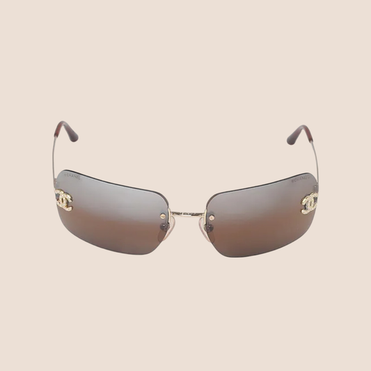 CHANEL 90s BROWN CC RHINESTONE RIMLESS SUNGLASSES