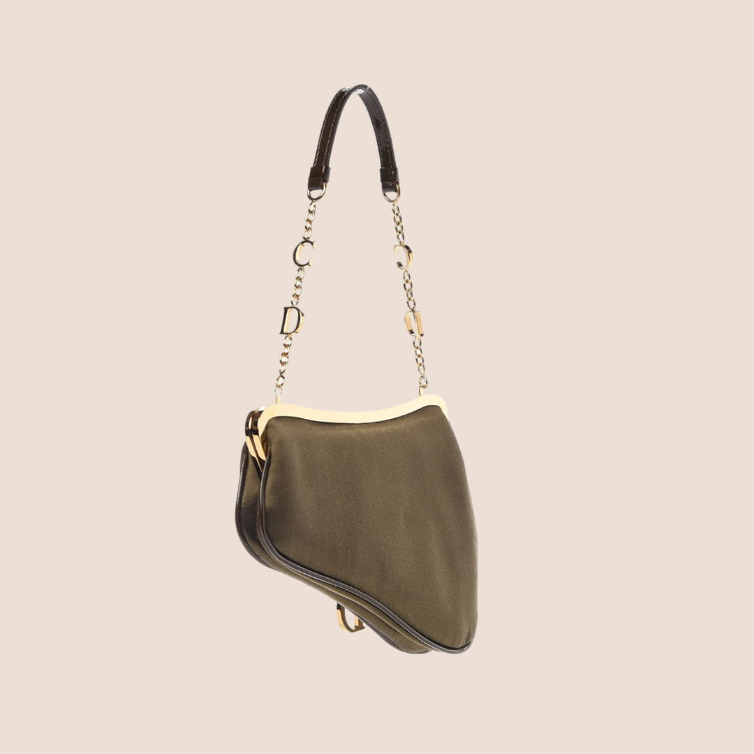 CHRISTIAN DIOR KHAKI & GOLD SATIN MICRO SADDLE BAG