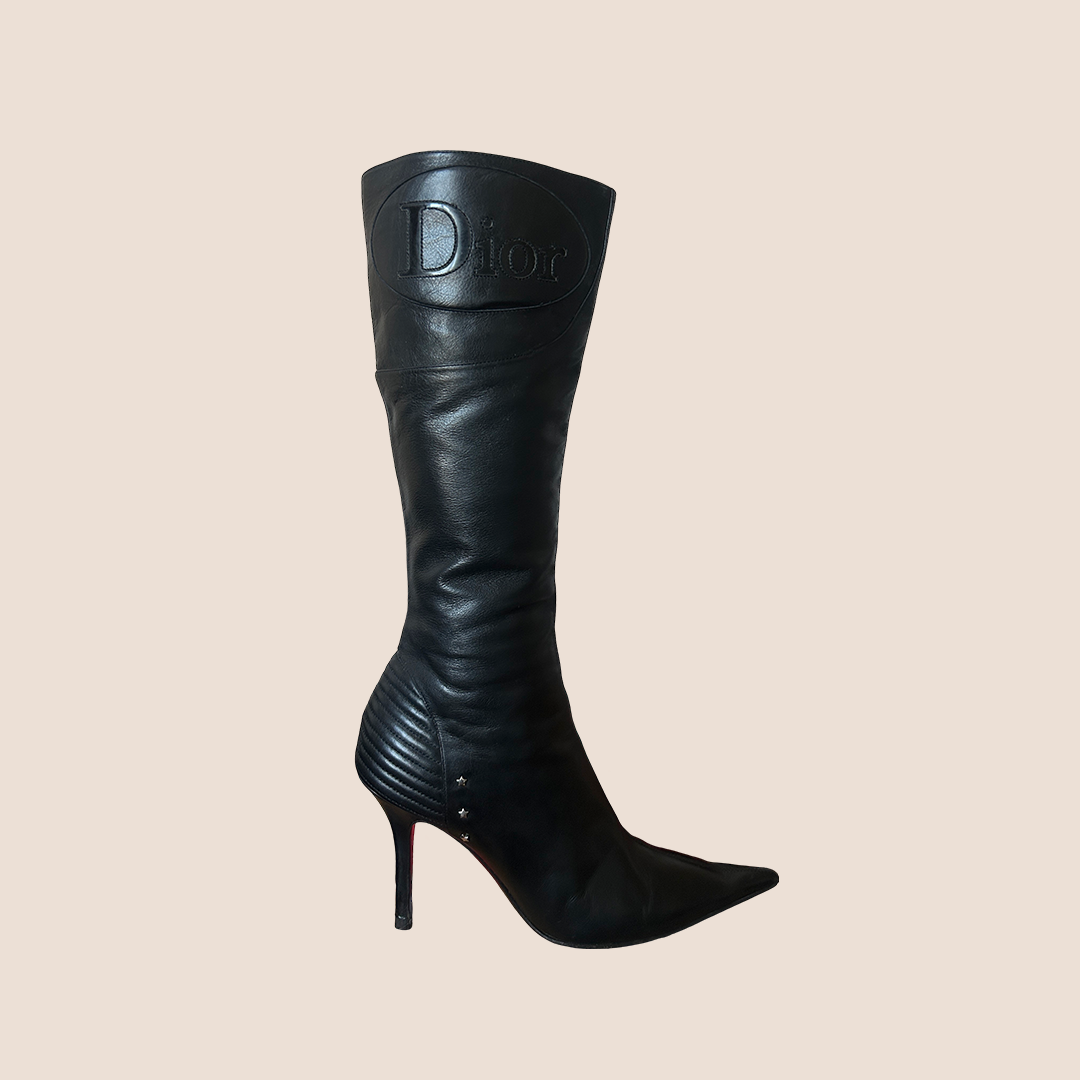 CHRISTIAN DIOR BLACK POINTED-TOE MOTO BOOTS