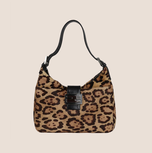 FENDI LEOPARD PRINT PONY HAIR SHOULDER BAG