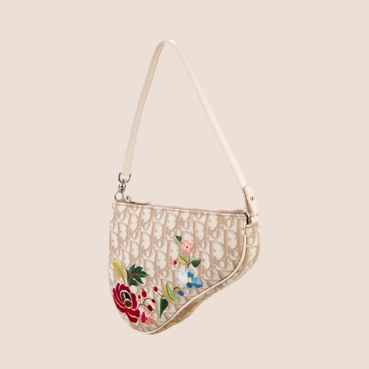 CHRISTIAN DIOR BEIGE EMBROIDERED FLOWERS SADDLE BAG