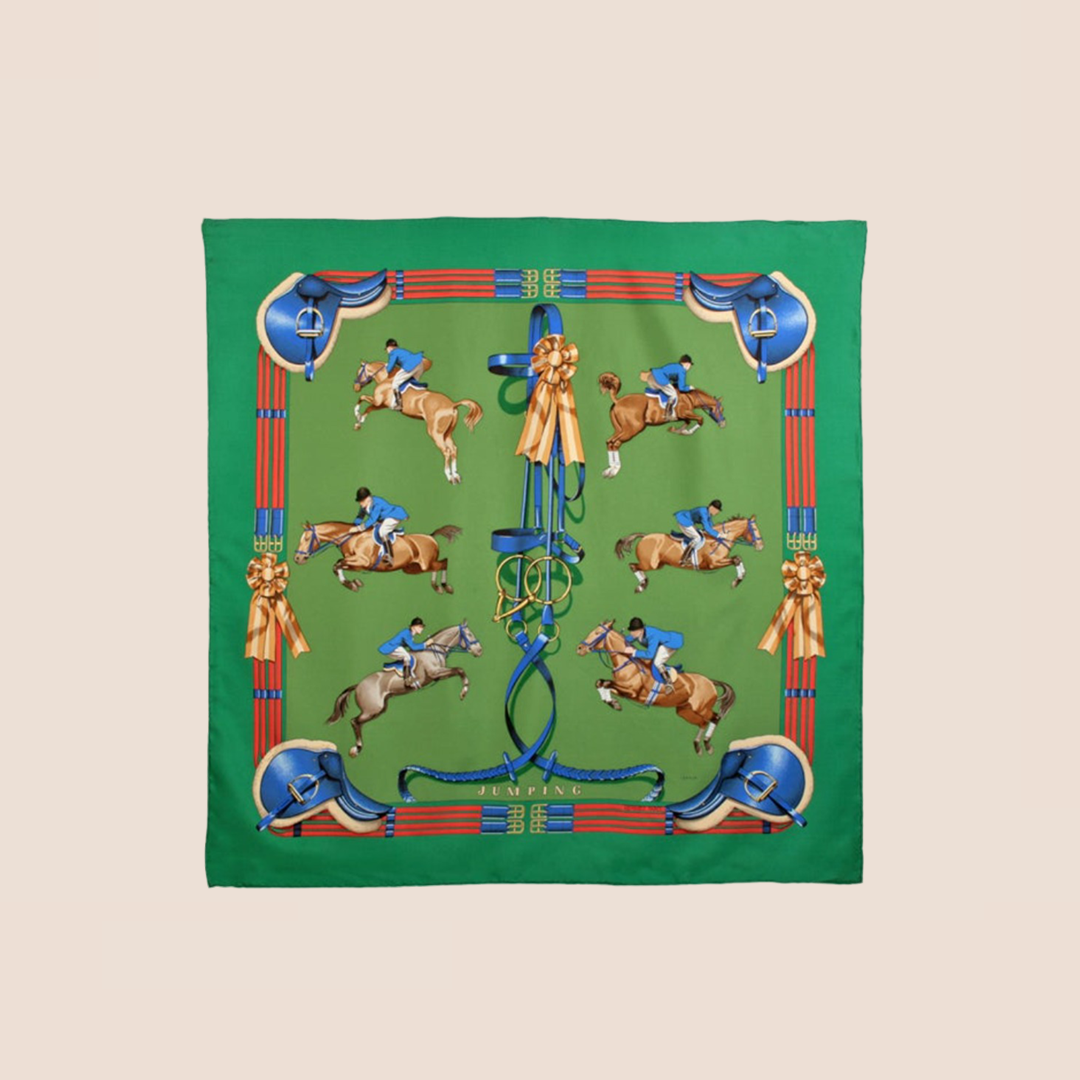 HERMÈS GREEN HORSE PRINT "JUMPING" SILK SCARF