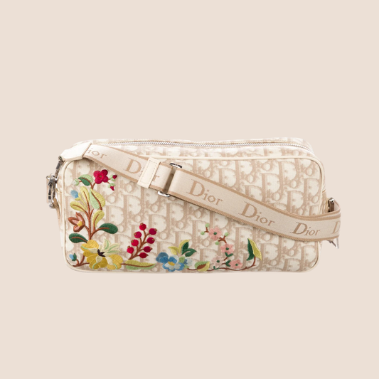 CHRISTIAN DIOR 2004 DIORISSIMO BEIGE FLORAL EMBROIDERED CROSSBODY BAG