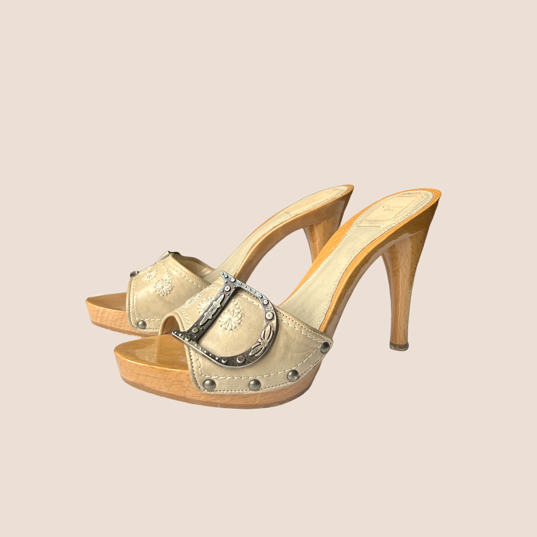 CHRISTIAN DIOR BEIGE GLOSSY WOOD PLATFORM HEELS