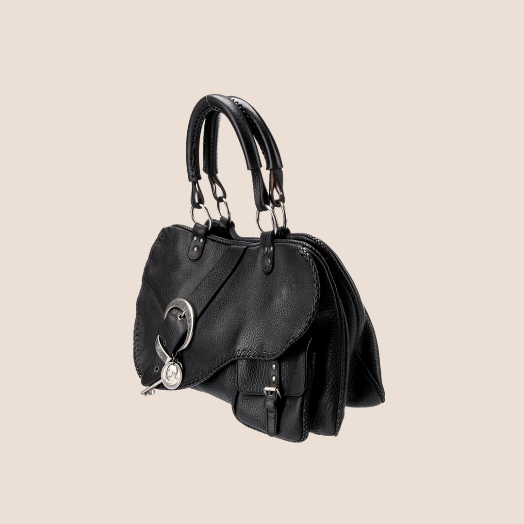 CHRISTIAN DIOR 2006 BLACK PEBBLED CALFSKIN GAUCHO TOP HANDLE BAG