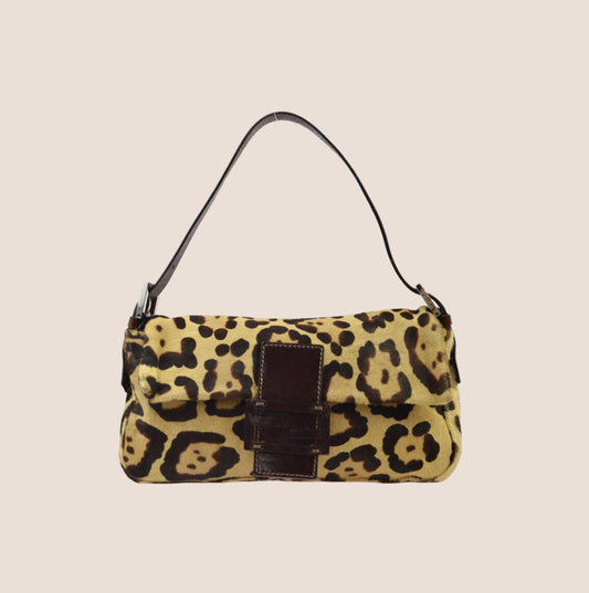 FENDI 2000 LEOPARD PONY HAIR BAGUETTE BAG