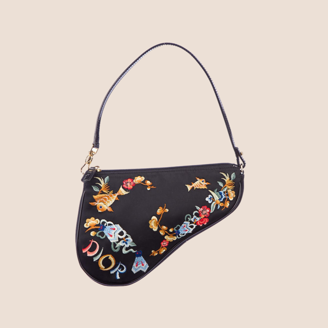 CHRISTIAN DIOR 2001 KOI FISH EMBROIDERED SATIN SADDLE BAG