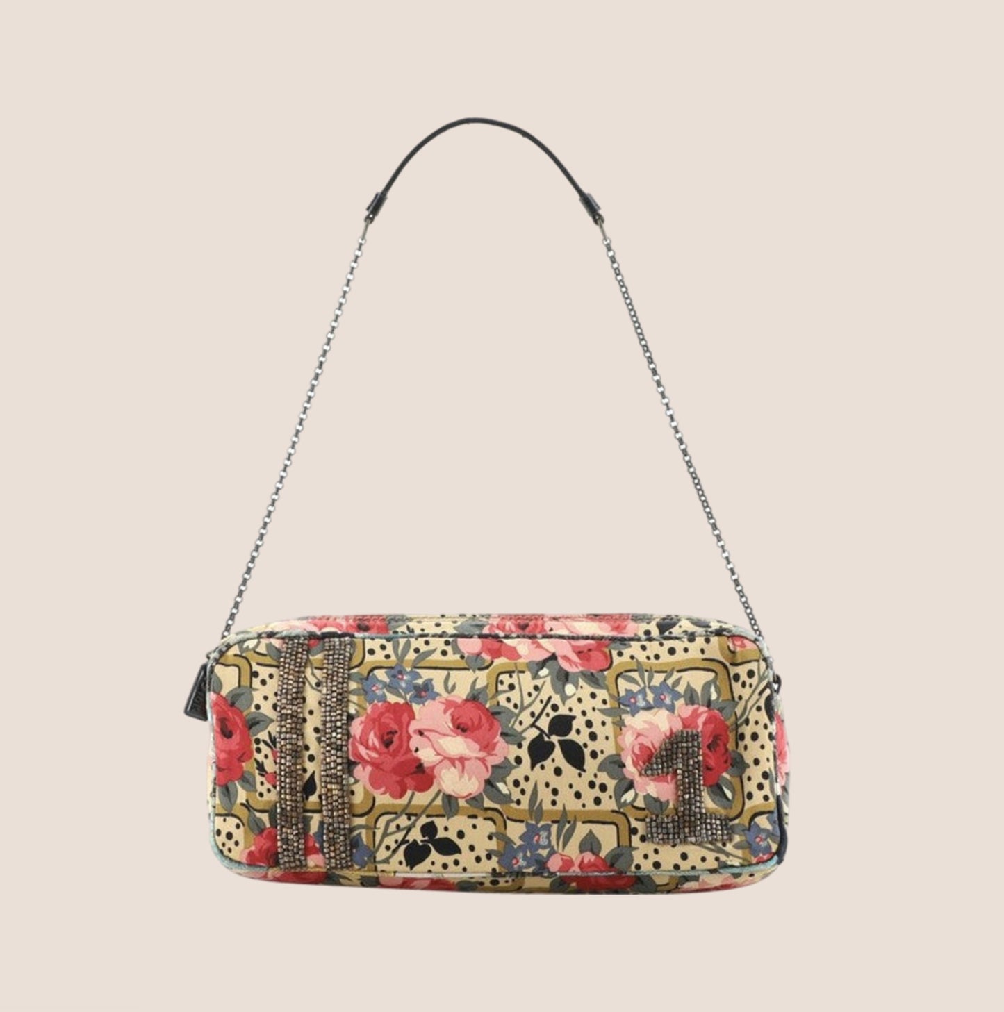 CHRISTIAN DIOR FLORAL SATIN BEADED CHAIN SHOULDER BAG