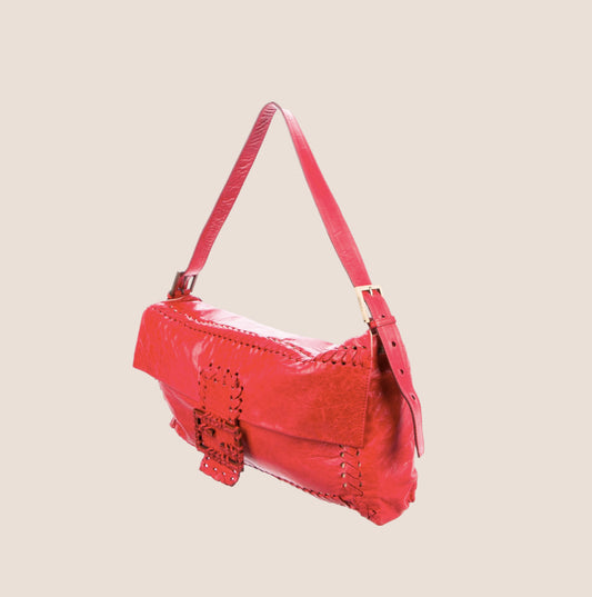 FENDI 2009 RED LEATHER STITCHED JUMBO BAGUETTE BAG