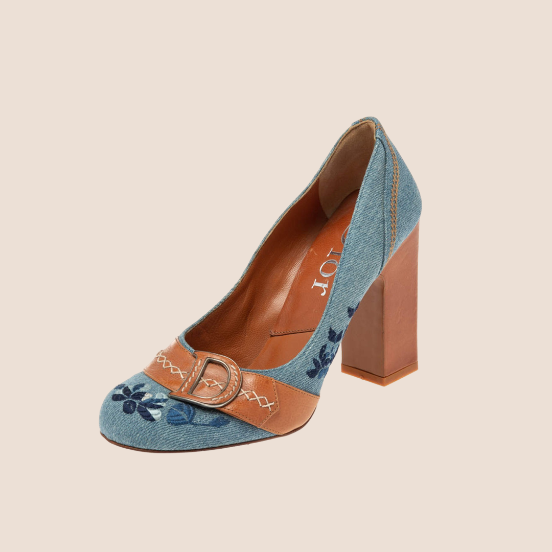 CHRISTIAN DIOR DENIM & TAN LEATHER CD LOGO PUMPS