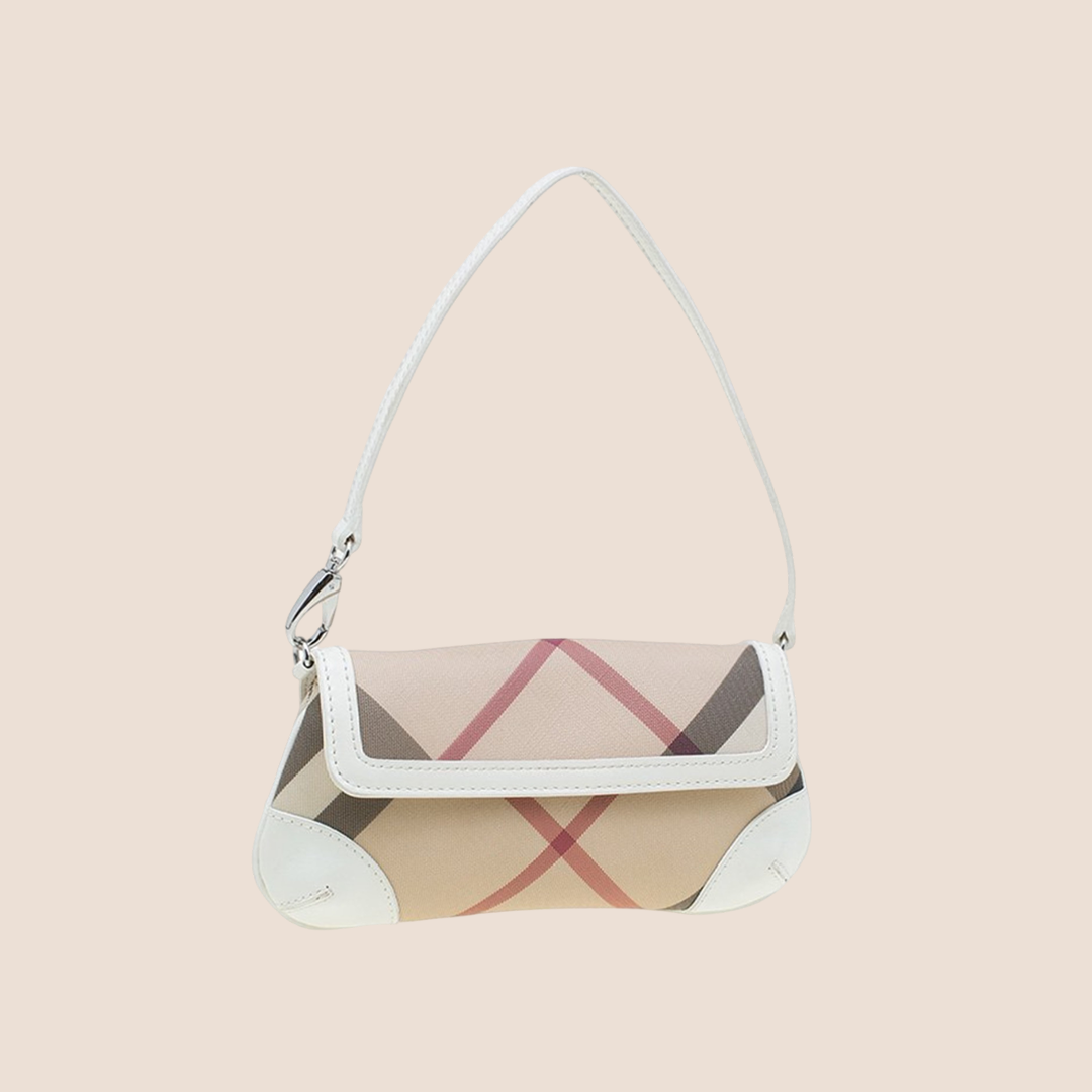 BURBERRY NOVA CHECK WHITE LEATHER TRIM MINI BAGUETTE