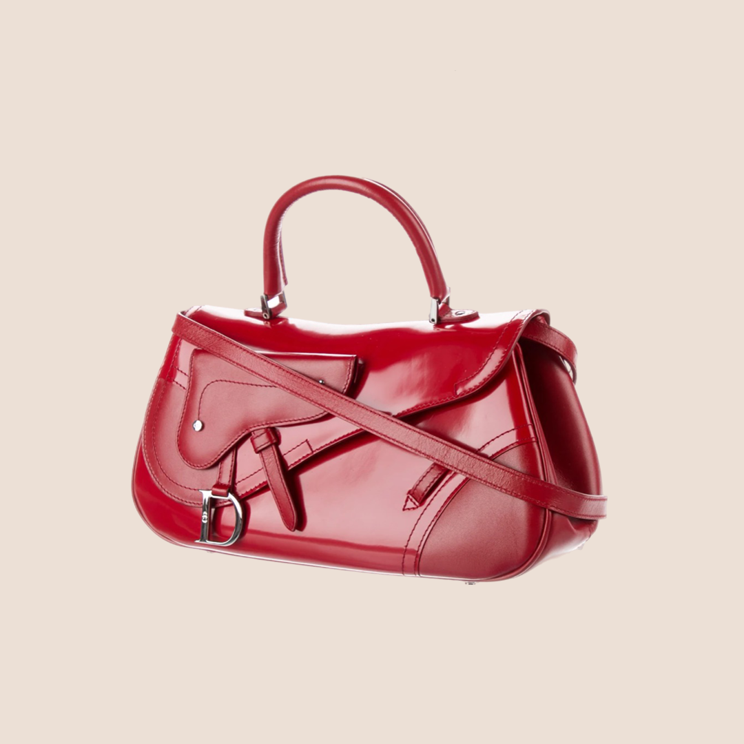 CHRISTIAN DIOR RED LEATHER SADDLE TOP HANDLE BAG