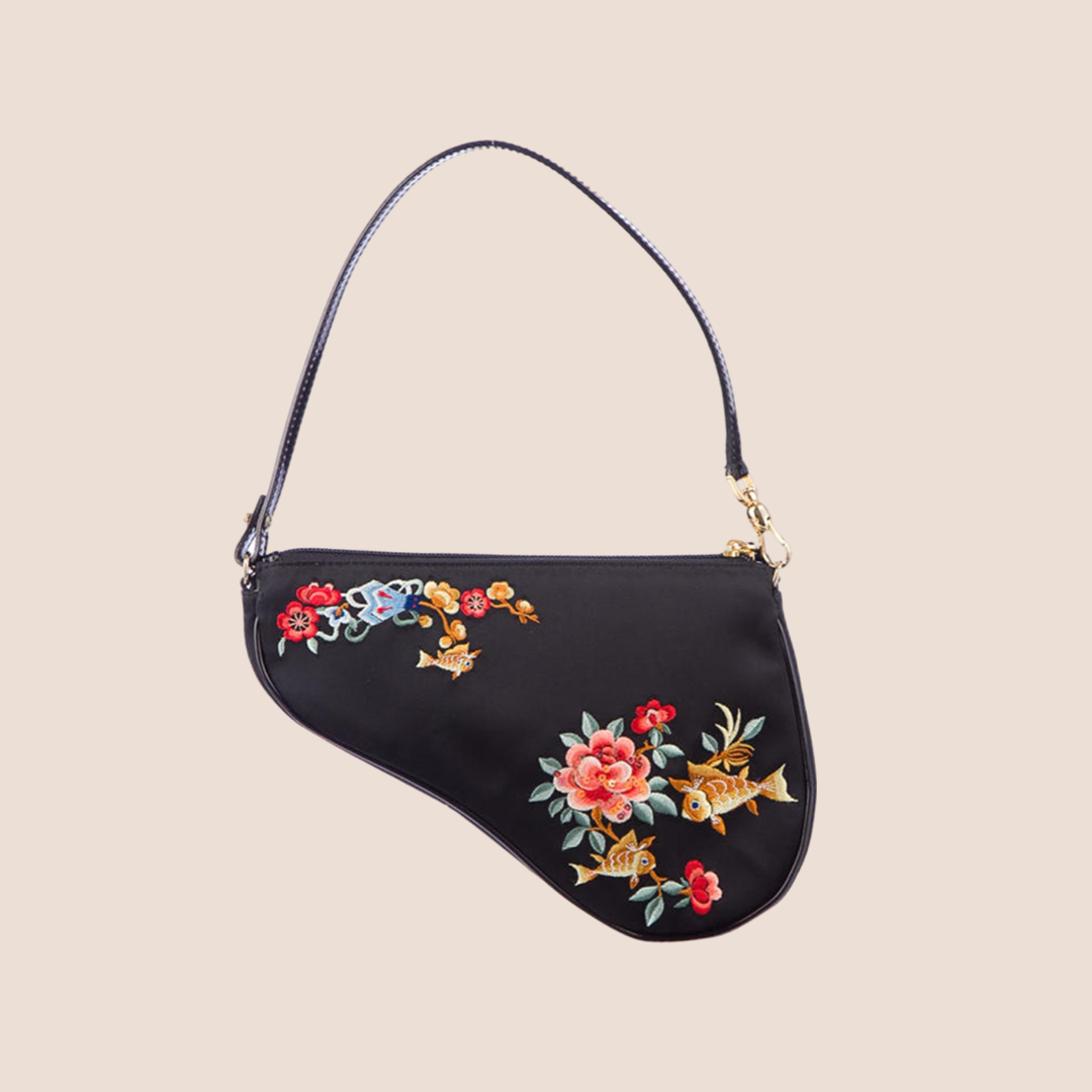 CHRISTIAN DIOR 2001 KOI FISH EMBROIDERED SATIN SADDLE BAG