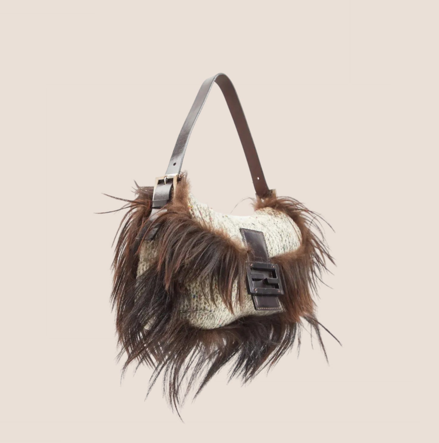 FENDI CREAM KNIT CROCHET LONG FUR TRIM BAGUETTE BAG