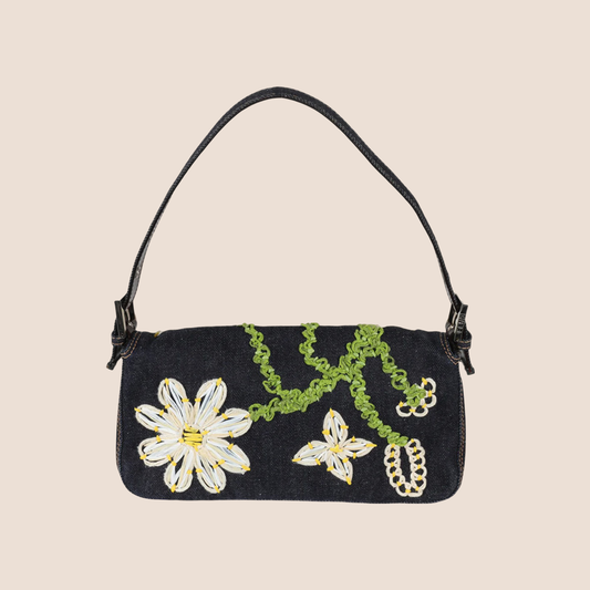 FENDI NAVY DENIM FLOWER EMBROIDERED BAGUETTE BAG