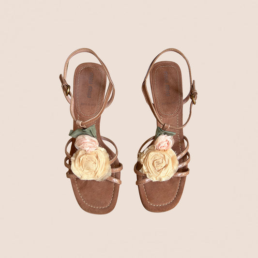 MIU MIU FLORAL SILK ROSES STRAP SANDALS