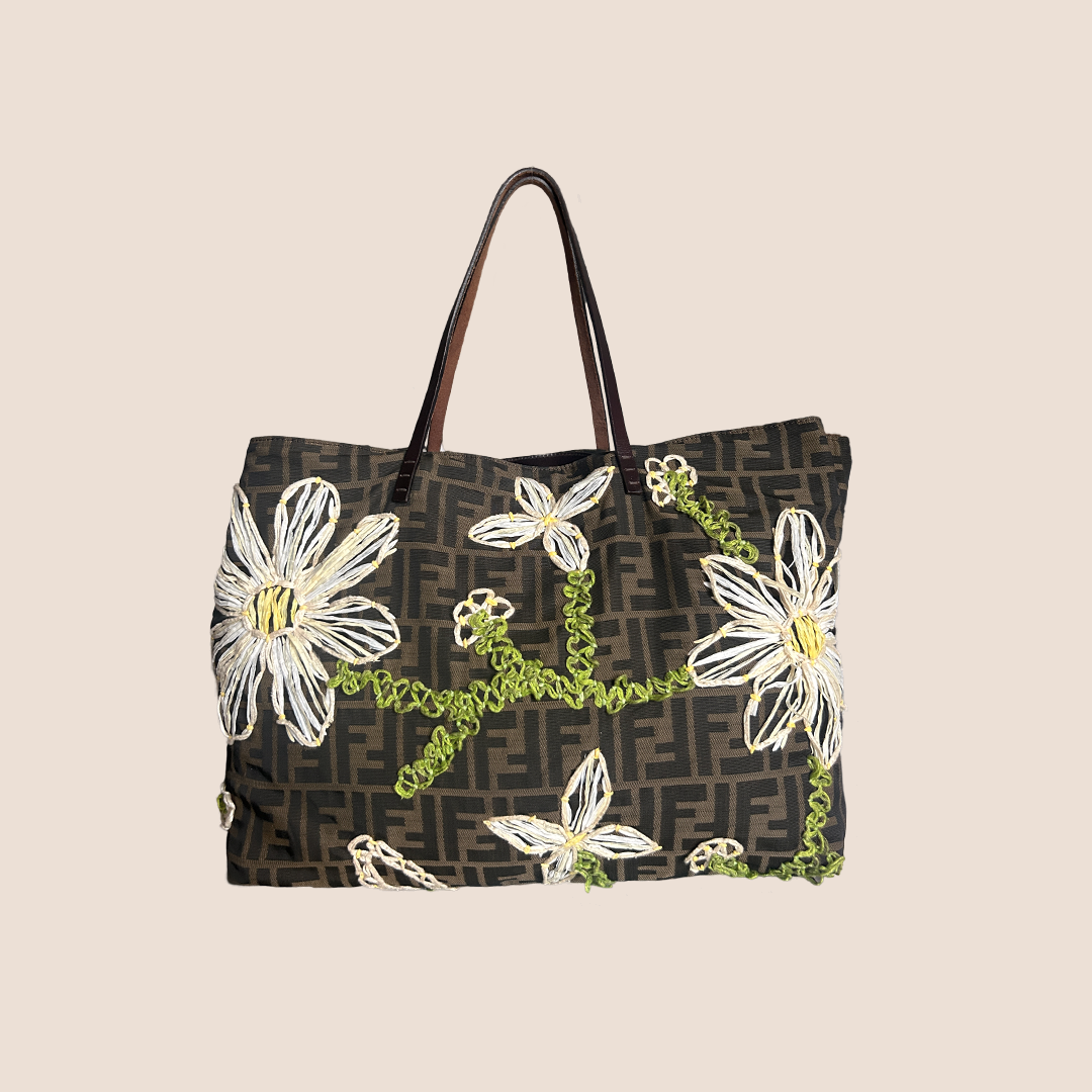 FENDI FLORAL EMBROIDERED BROWN CANVAS ZUCCA SHOPPER TOTE