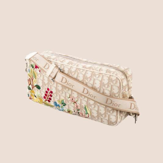 CHRISTIAN DIOR 2004 DIORISSIMO BEIGE FLORAL EMBROIDERED CROSSBODY BAG