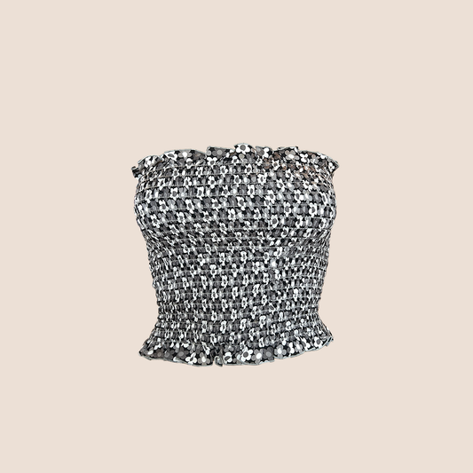 CÉLINE SPRING 2002 GREY FLORAL STITCH SILK TUBE TOP