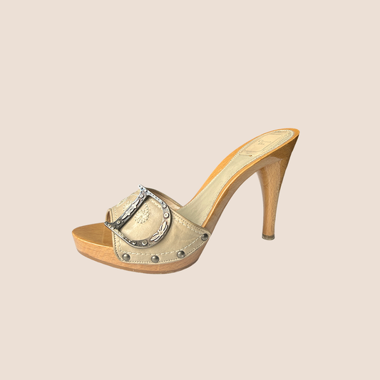 CHRISTIAN DIOR BEIGE GLOSSY WOOD PLATFORM HEELS