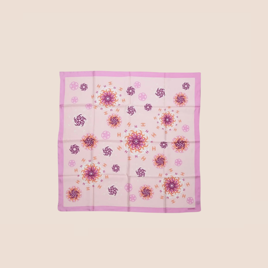 CHANEL CC ROSE PINK LOGO FLOWERS SILK SCARF